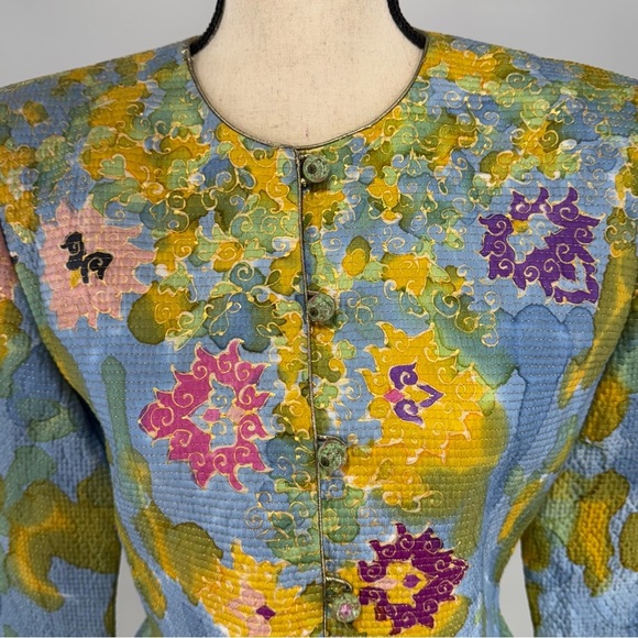 Mary McFadden Couture Silk Quilted Floral Jacket w/ Glass Bead Buttons – Size 10 - Picture 8 of 16